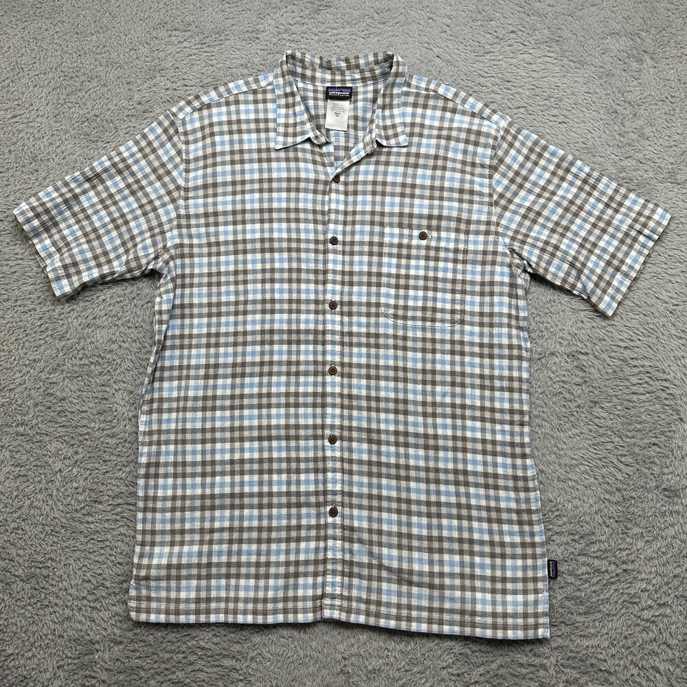 Patagonia Shirt Mens 2XL Blue Plaid Short Sleeve Seersucker Summer Organic Cotto